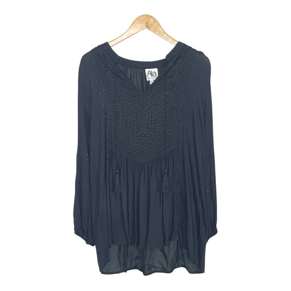 Boho  Black Long-Sleeve Embroidered Tunic S - Picture 5 of 6